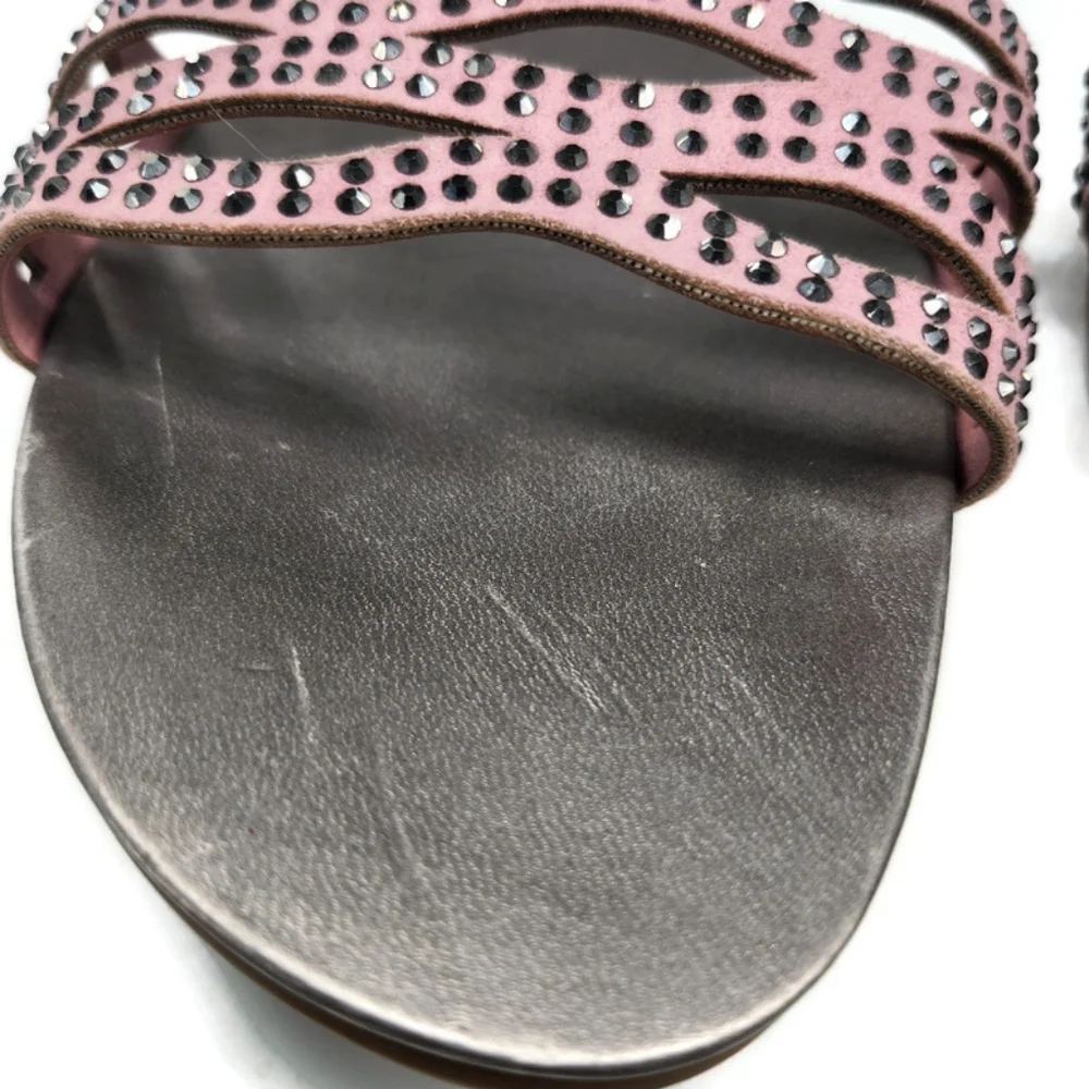 Vince Camuto Empiana Light Pink Woven Strap Black Crystals Flat Slide-On Sandals